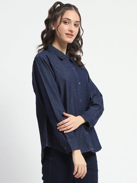 Madame Blue Wash Solid Blue Button Down Denim Shirt