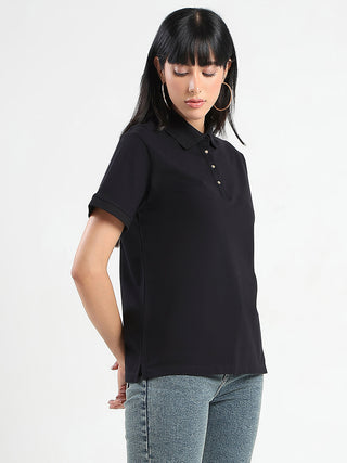 Madame Collared Solid Black Cotton Blend Polo T-Shirt