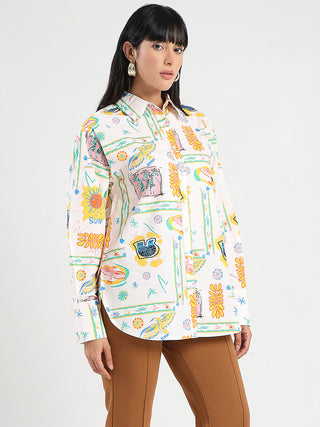 Madame All Over Print Beige Cotton Blend Shirt