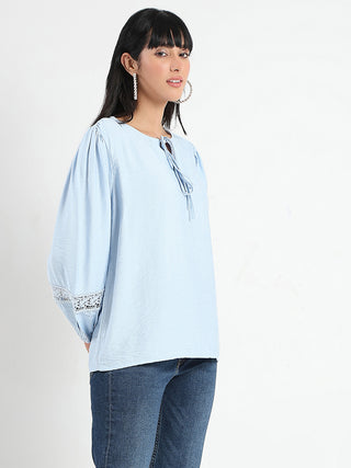 Madame Tie Neck Powder Blue Rayon Blend Top