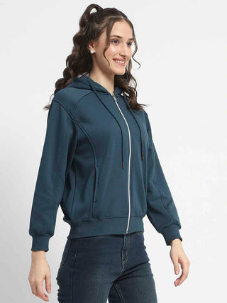 Madame Zip and Hooded Solid Peacock Cotton Sweatshirt
