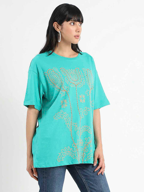 Madame Graphic Print Half Sleeve Peacock Green Cotton T-Shirt