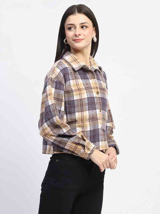 Madame Chequered Loose Fit Grey Crop Shacket
