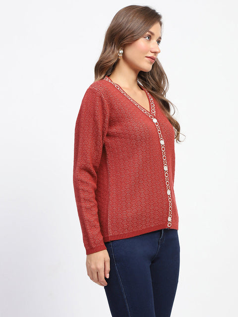 Madame Geometric Pattern V Neck Rust Cardigan