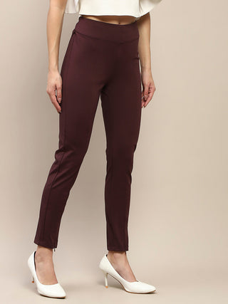 Madame Pleated Solid Wine Red Rayon Blend Jeggings