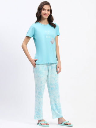 mSECRET Blue Typography Printed Night Suit Set