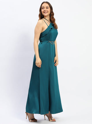 Madame Halter Neck Metal Accented Belt Teal Maxi Dress