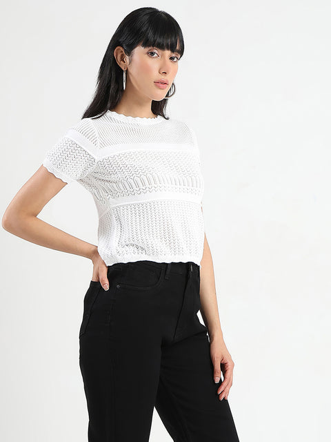 Madame Semi Sheer Knitted Cotton Blend White Top
