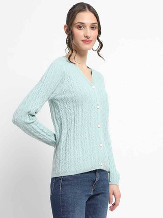 Madame Cable Knit Self Design Solid Mint Green Acrylic Cardigan