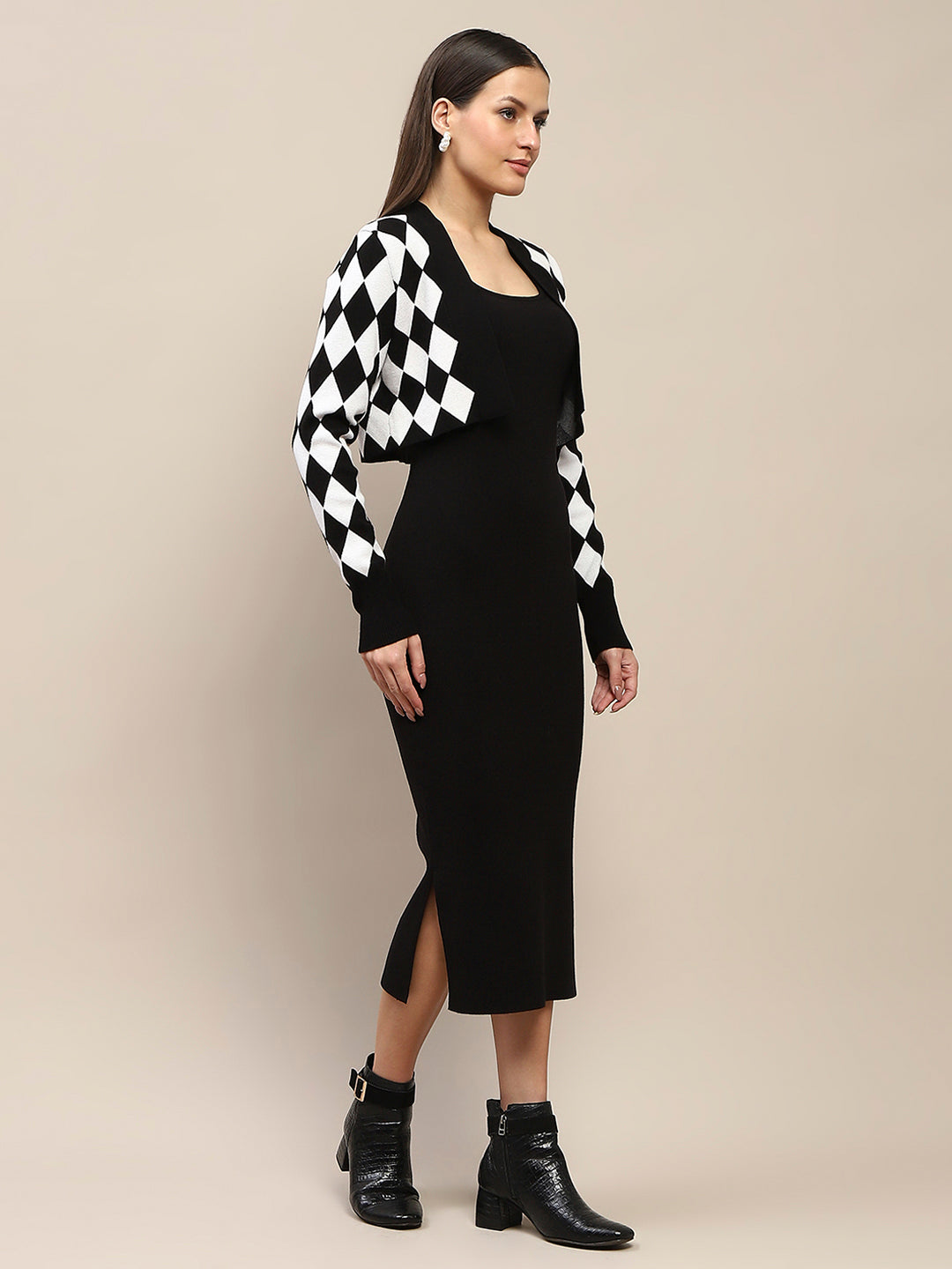 black dress with shrug Madame Geometric Print Shrug and Solid Dress Black Ensemble