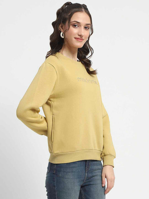 Madame Fleece Handwork And Embroidered Golden Yellow Sweatshirt For Women