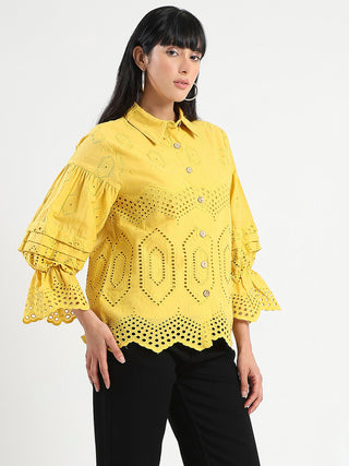 Madame Schiffli Mustard Yellow Cotton Shirt
