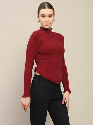 Madame Fur Cuffs and Hem Wine Red Sweater