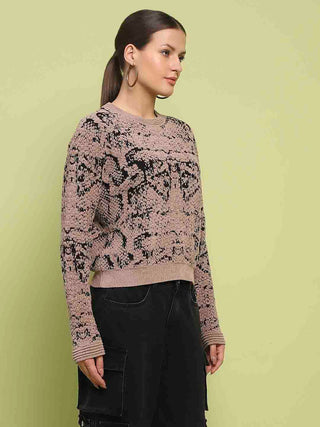 Madame Printed Crew Neck Full Sleeve Brown Sweater