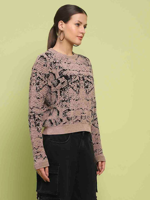 Madame Printed Crew Neck Full Sleeve Brown Sweater