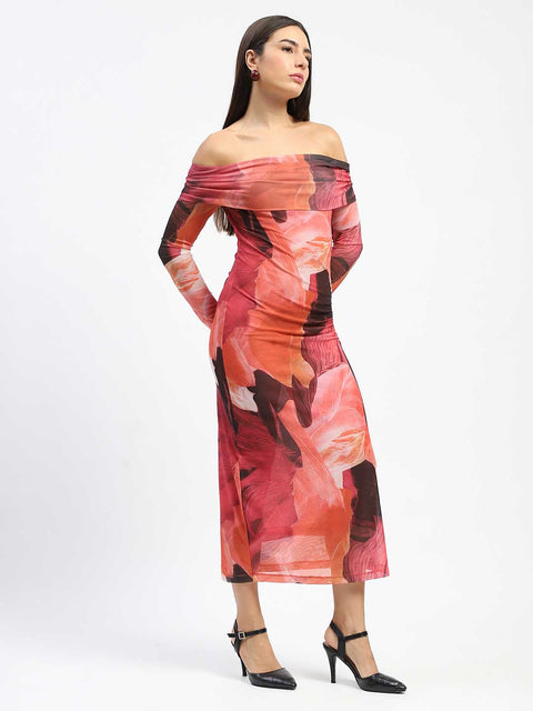 Madame Abstract Print Off Shoulder Semi Sheer Orange Maxi Dress