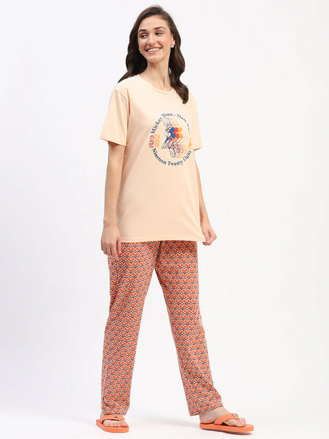 mSECRET Peach Mickey Mouse Graphic Tee and Geometric Print Cotton Nightsuit Set