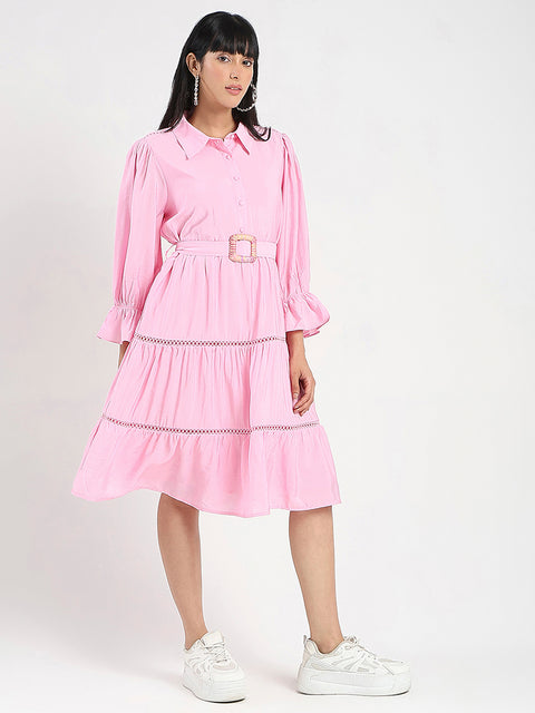 Madame Tiered Pink Rayon Blend Fit and Flare Mini Dress