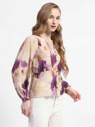 Madame Floral Print Button-Up Nylon Blend Top