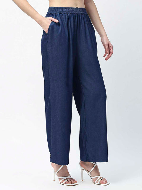 Madame Wide Leg Navy Blue Cotton Blend Trousers