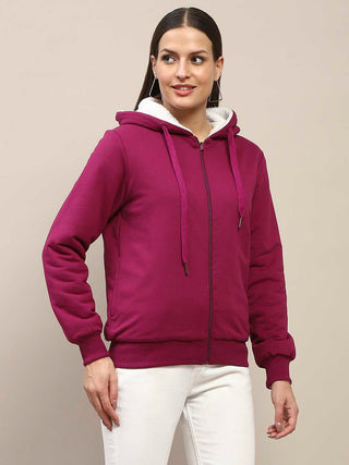 Madame Fur Hood Metal Detailed Plum Zipped Sweatshirt