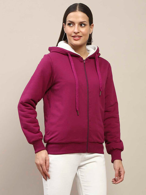 Madame Fur Hood Metal Detailed Plum Zipped Sweatshirt