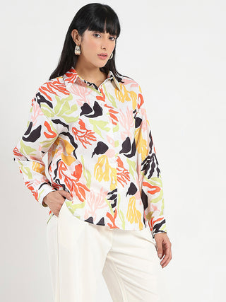Madame Abstract Print Buttoned Off White Linen Shirt
