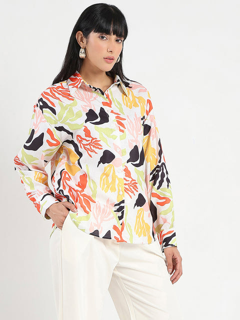 Madame Abstract Print Buttoned Off White Linen Shirt