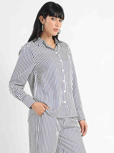 Madame Striped Navy Blue Cotton Blend Shirt