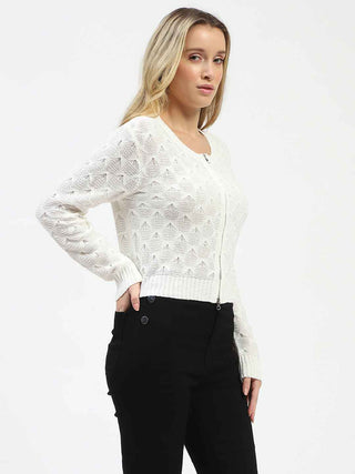 Madame Textured Round Neck Zip Up Off White Knit Top