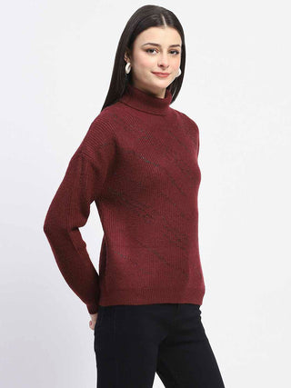 Madame Self Design Wine Red Turtleneck Sweater