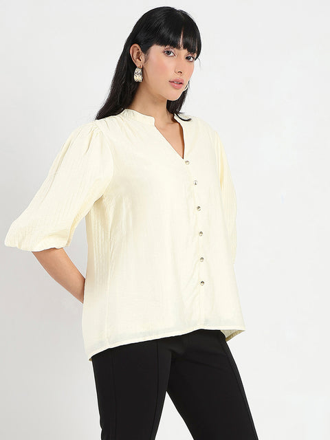 Madame Textured Ruffle Neck Rayon Blend Off White Top