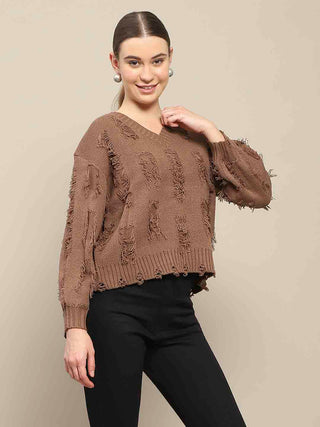 Madame Ripped Knitted V Neck Brown Sweater