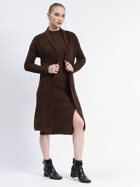 Madame Diagonal Stripe Brown Shrug And Midi Dress Co-Ord Set
