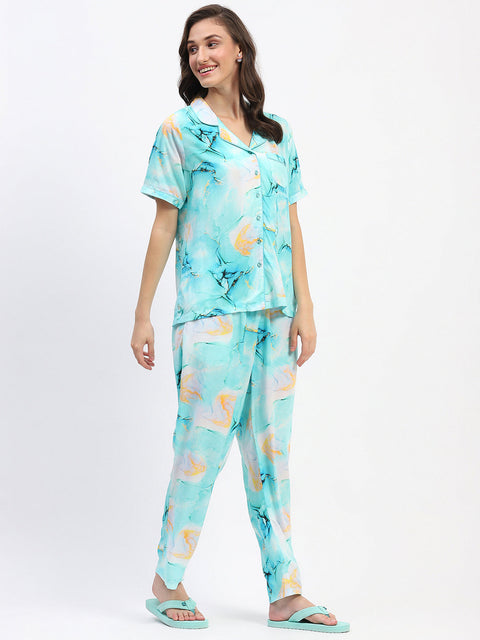 mSECRET Marble Print Button Down Aqua Night Suit