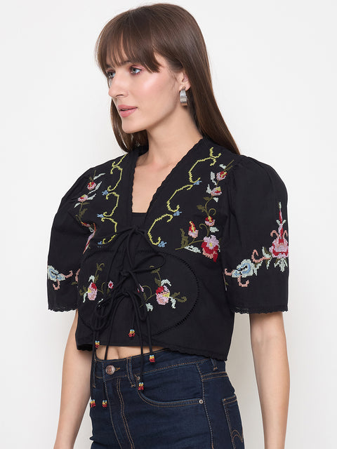 Madame Floral Embroidered Tie-Front Black Crop Top