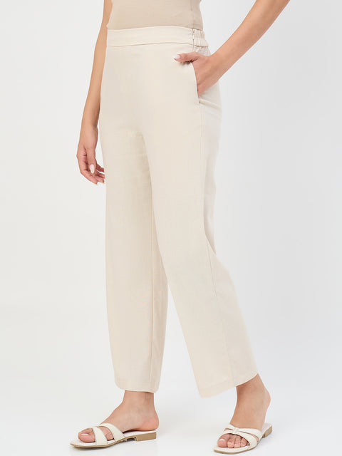 Madame Beige Elastic Waist Linen-Blend Trousers