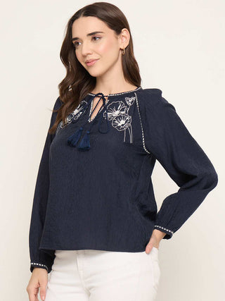 Madame Embroidered Tencel Blend Blue Top