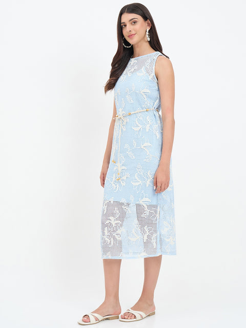 Madame Blue Floral Embroidery Crochet Dress