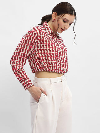 Madame Geometric Print Maroon Crop Shirt