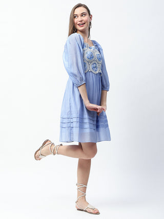 Madame Printed Powder Blue Tencel Blend Crochet Midi Dress