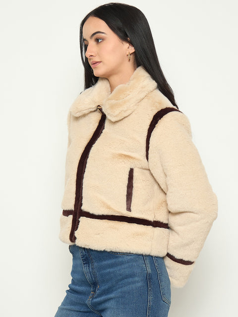 Madame Faux Fur Trim Beige Jacket with Contrast Seasms