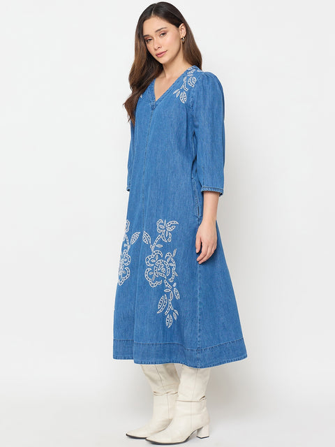 Madame Blue Embroidered Denim Dress