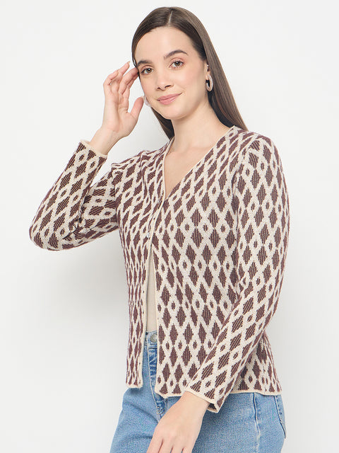 Madame Geometric Print Button Up Brown Cardigan