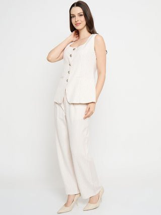 Madame Striped Top and Straight Bottoms Off White Co-ord Set