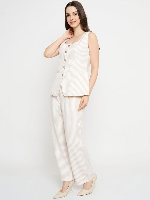 Madame Striped Top and Straight Bottoms Off White Co-ord Set