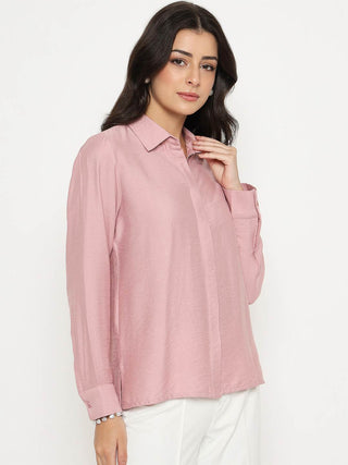 Madame Textured Solid Pink Rayon Blend Shirt