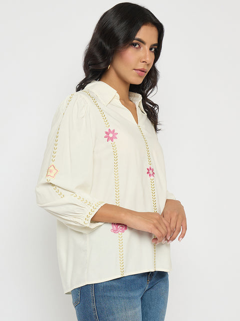 Madame Off White Viscose Blend Floral Embroidered Shirt