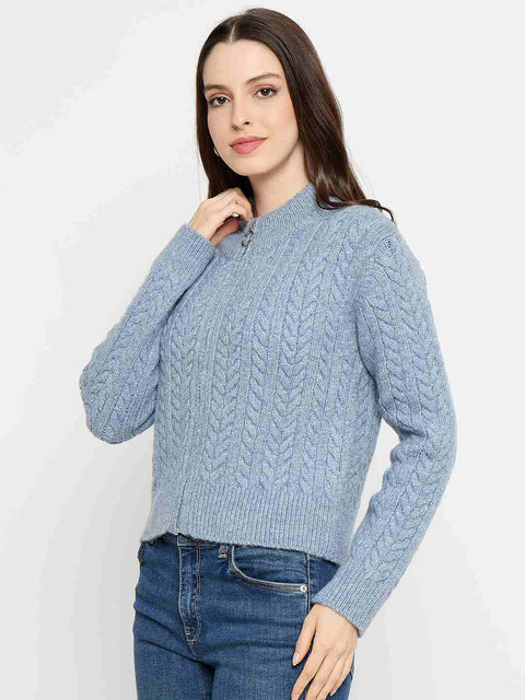 Madame Cable Knit Zip Blue Sweater
