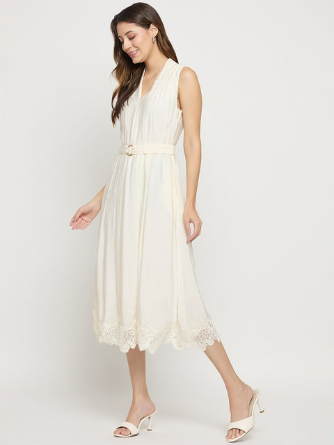 Madame Off White Viscose Mandarin Collar Midi Dress